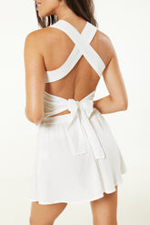 Shirred Cross Over Back Crop Top With Back Tie In White