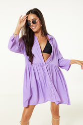 Half Sleeved Button Through Beach Dress In Lilac