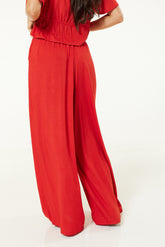 Elasticated Beach Wide Leg Trousers In Red