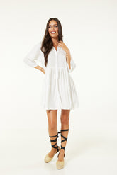 Half Sleeved Button Through Beach Dress In White