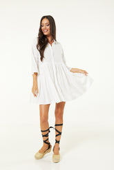 Half Sleeved Button Through Beach Dress In White