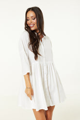 Half Sleeved Button Through Beach Dress In White