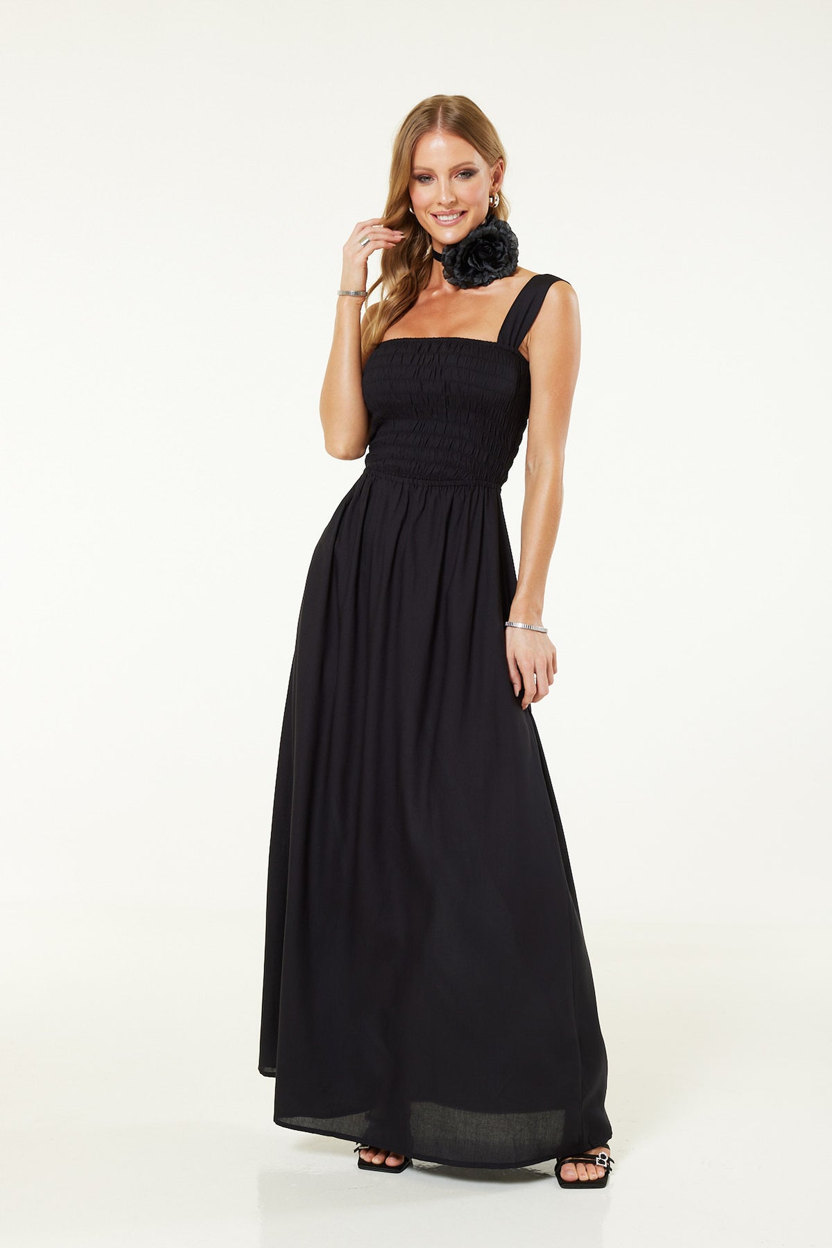 Esmee Shirred Maxi Beach Dress In Black