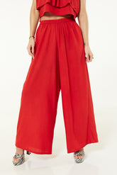 Elasticated Casual Wide Leg Trousers In Red