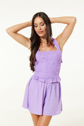 Esmee Shirred Cross Over Back Crop Top With Back Tie In Lilac